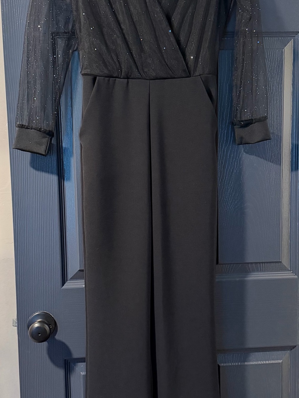 Black Long-Sleeve Sparkle Mesh Bodice Jumpsuit